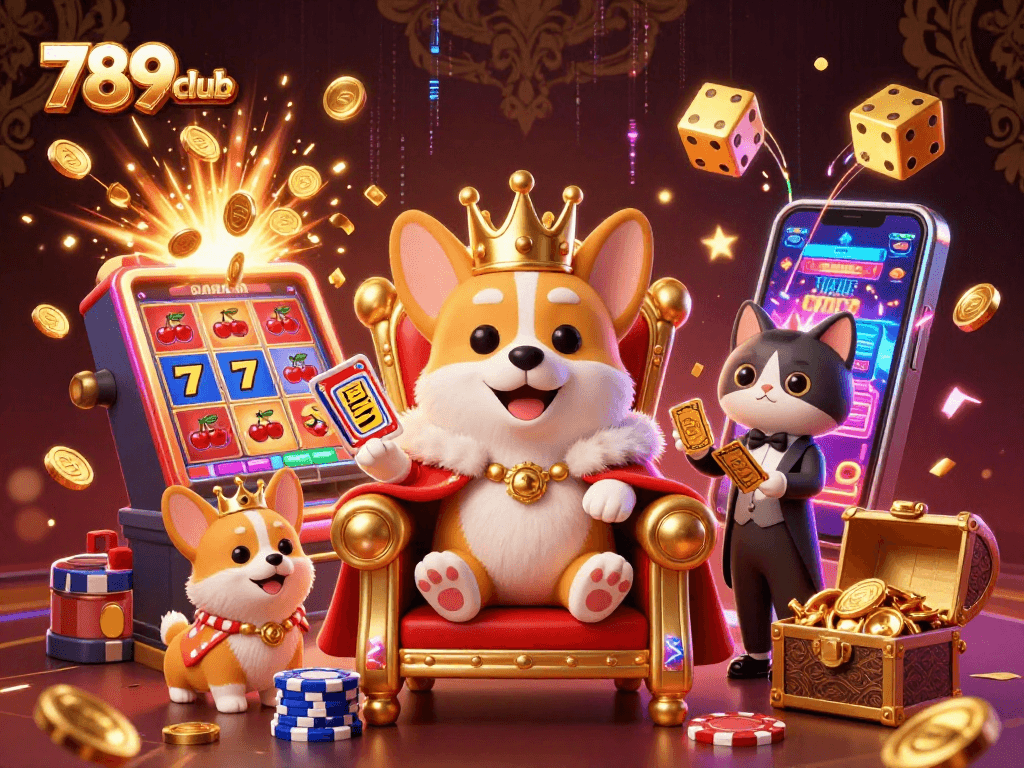 Join the fun at 789club with an exciting scene of a royal corgi and vibrant casino elements.