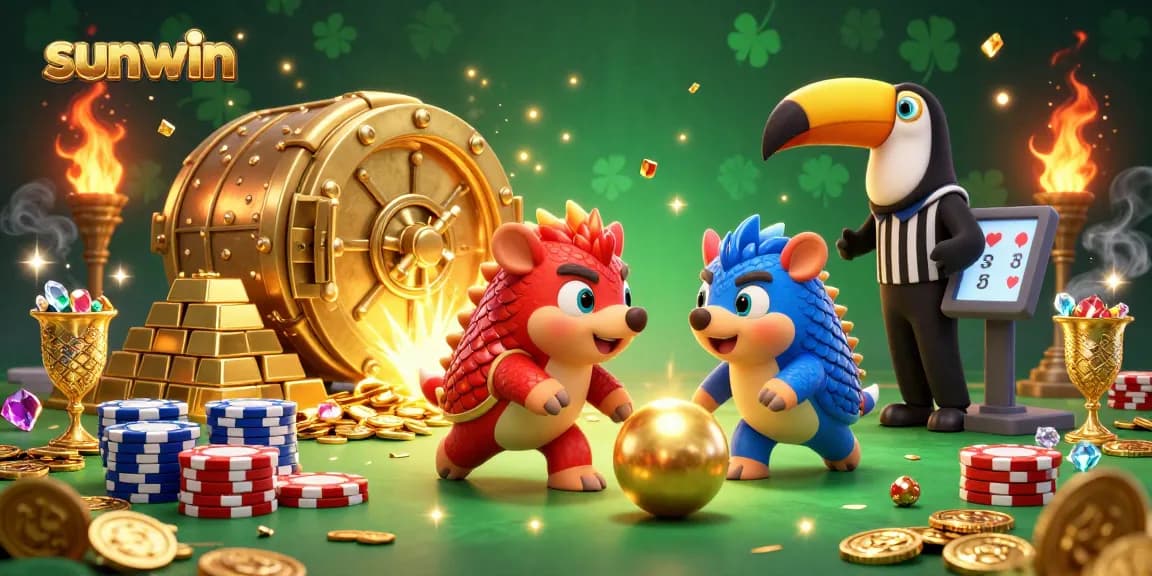 Experience thrilling gameplay with sunwin's dynamic pangolin bowlers navigating sparkling poker chips amid a gold treasure scene.