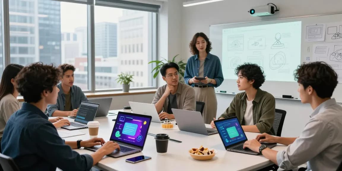 Group collaborating on nsfw ai chat technologies in a modern workspace with laptops and digital graphics.