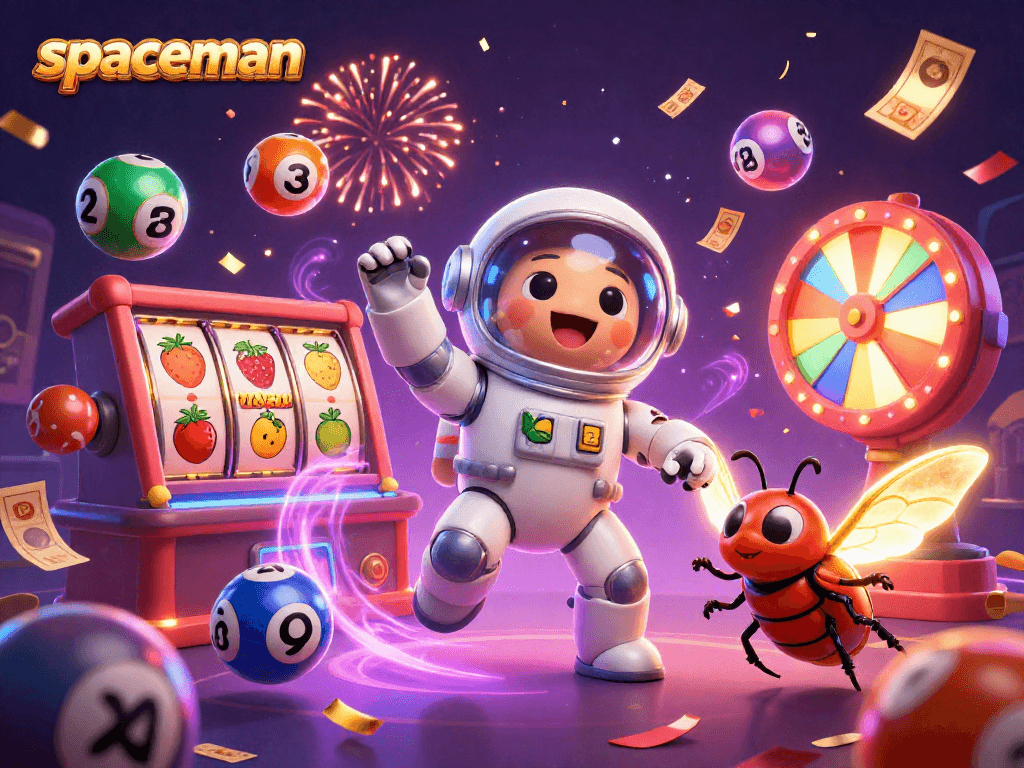 Join the Spaceman in an exciting casino adventure, surrounded by spinning slots and jackpot excitement.