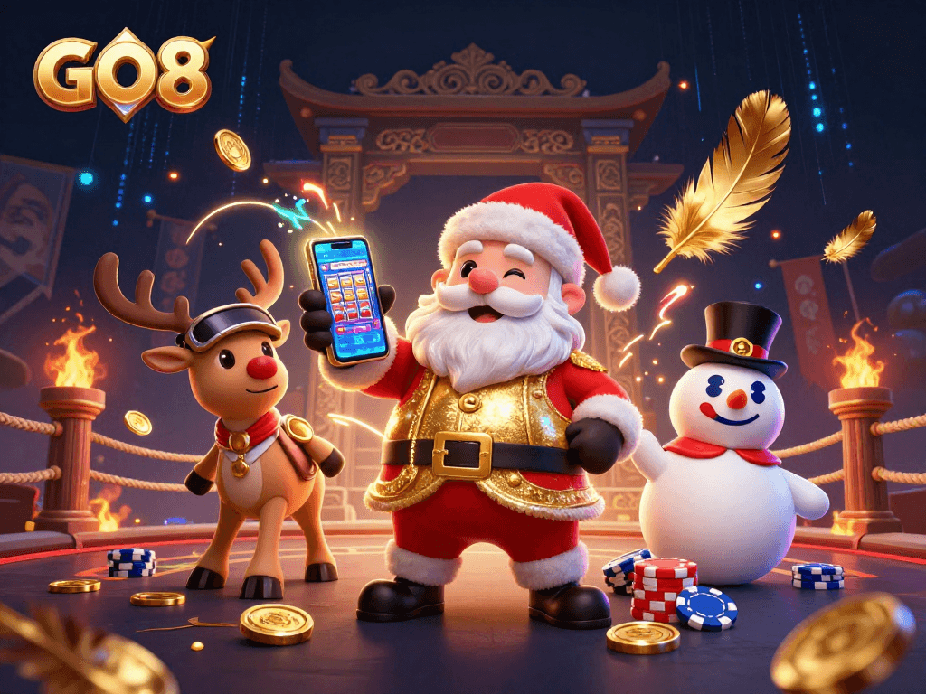 Engage with GO8's vibrant casino atmosphere featuring playful Santa and friends.