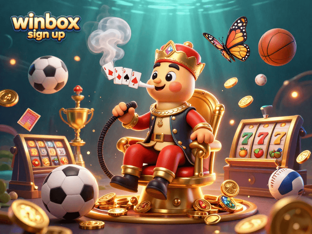 Winbox sign up to experience a vibrant 3D illustration of an online gaming world with diverse gambling elements.