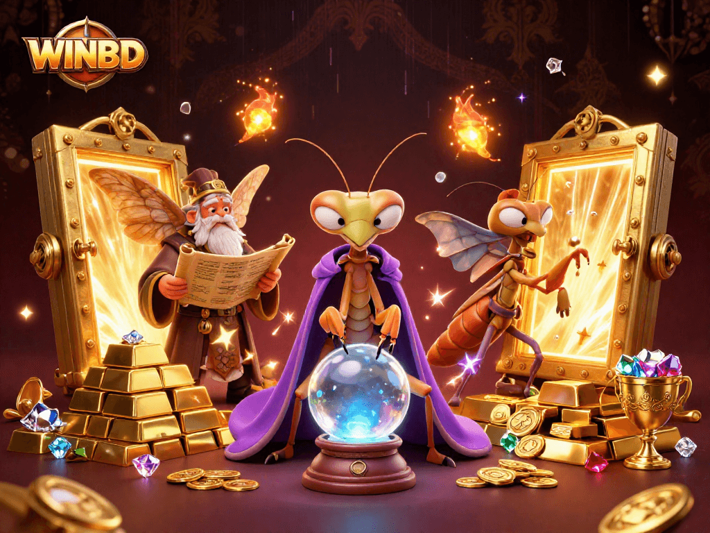 WINBD players immerse in fortune predictions surrounded by treasure and vibrant gambling elements.