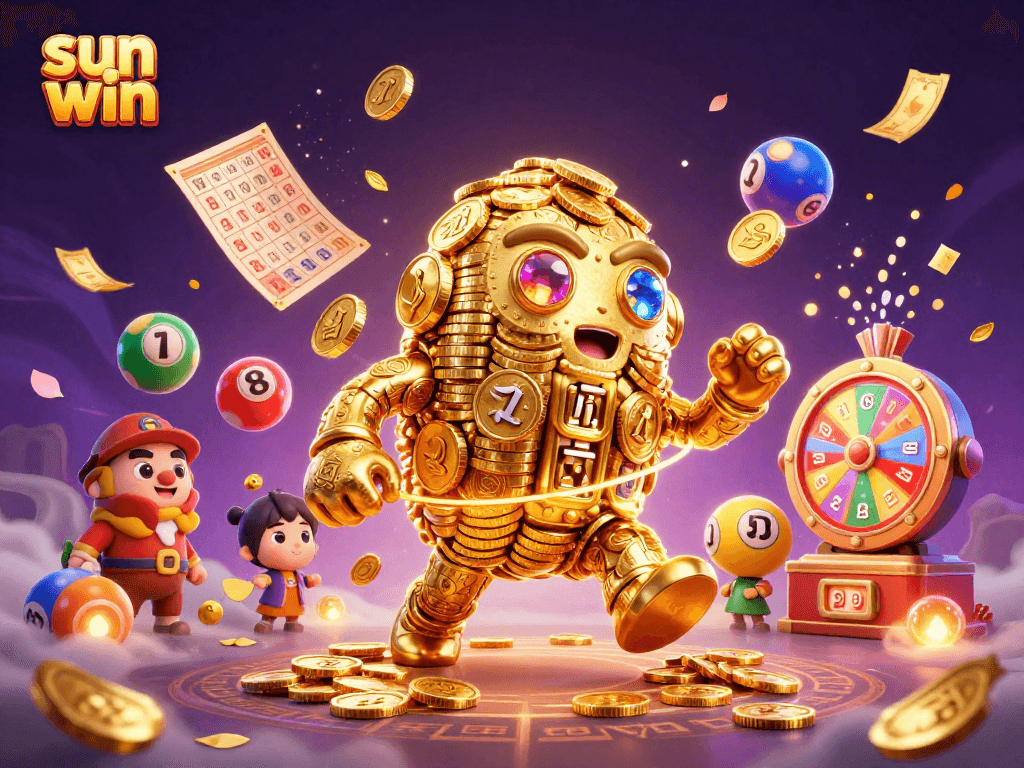 Experience exciting gameplay with sun win's vibrant casino elements, featuring a golden golem and lottery action.