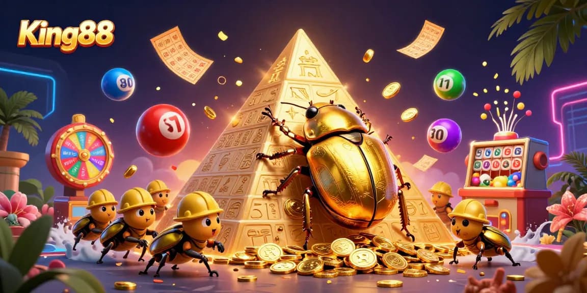 King88 offers an exciting casino experience with golden beetles rolling coins and vibrant games.