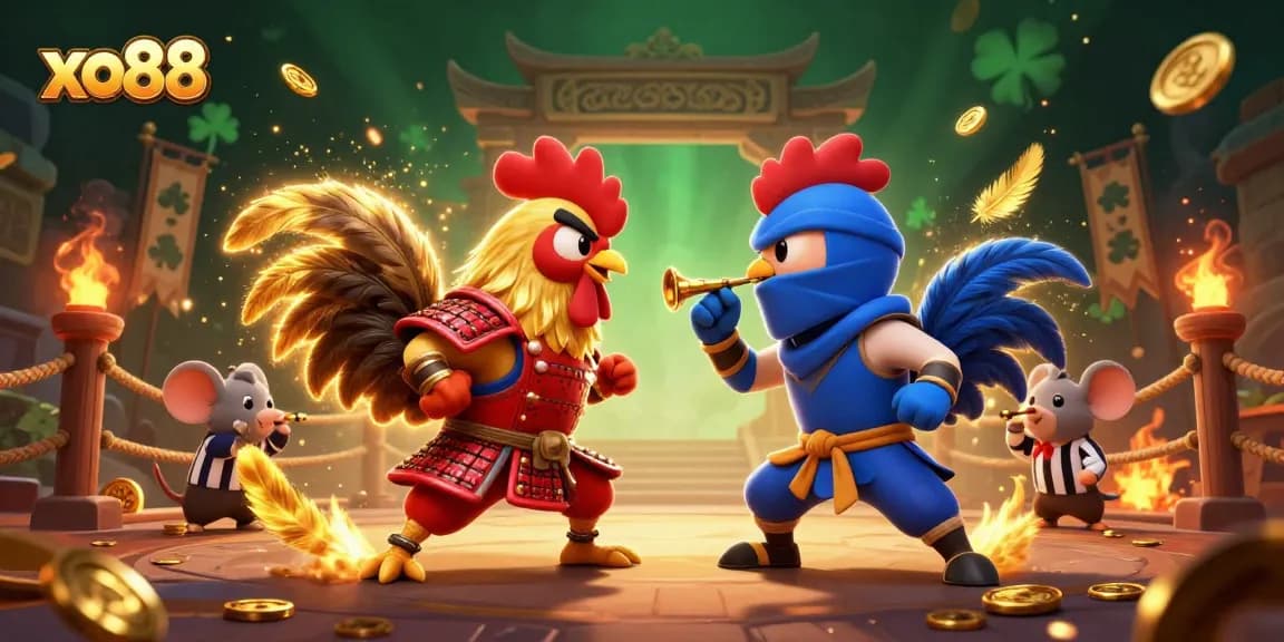 Compete in thrilling xo88 fights with dynamic cartoon roosters in a vibrant illustrated scene.