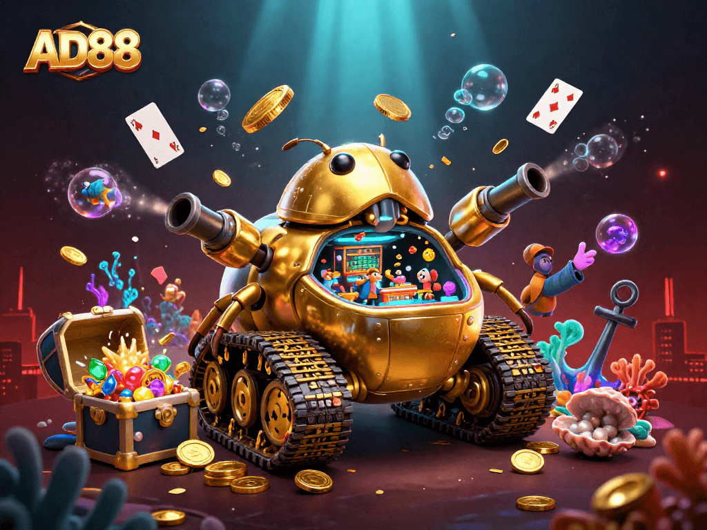 Experience the excitement of AD88's miniature casino inside a golden beetle tank, surrounded by underwater treasures.