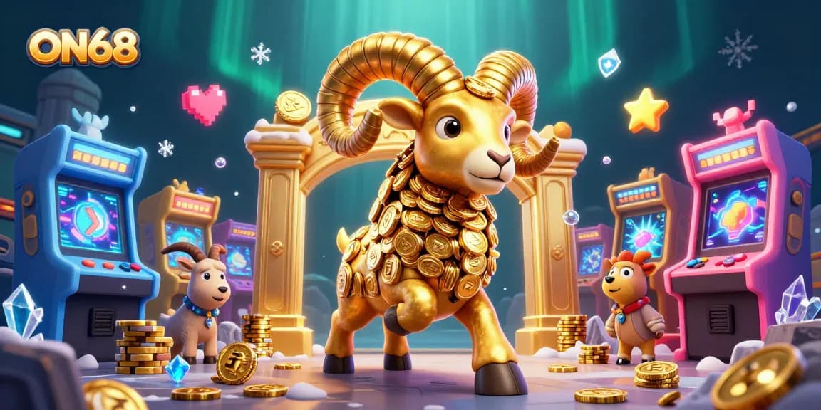 Experience thrilling gaming at ON68 with golden ram, arcade machines, and casino glory.