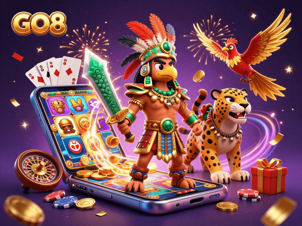 Experience the excitement of GO8 with a vibrant casino-themed 3D illustration featuring dynamic game elements.
