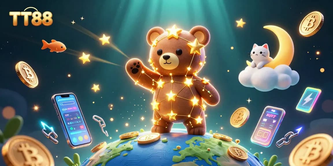 Experience the thrill of TT88 with golden coins and cosmic characters in a vibrant casino scene.