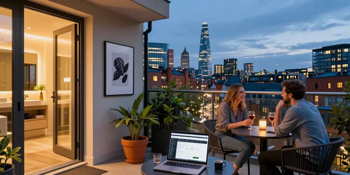 Manchester holiday-let management in a stylish short-let apartment showcasing city views.
