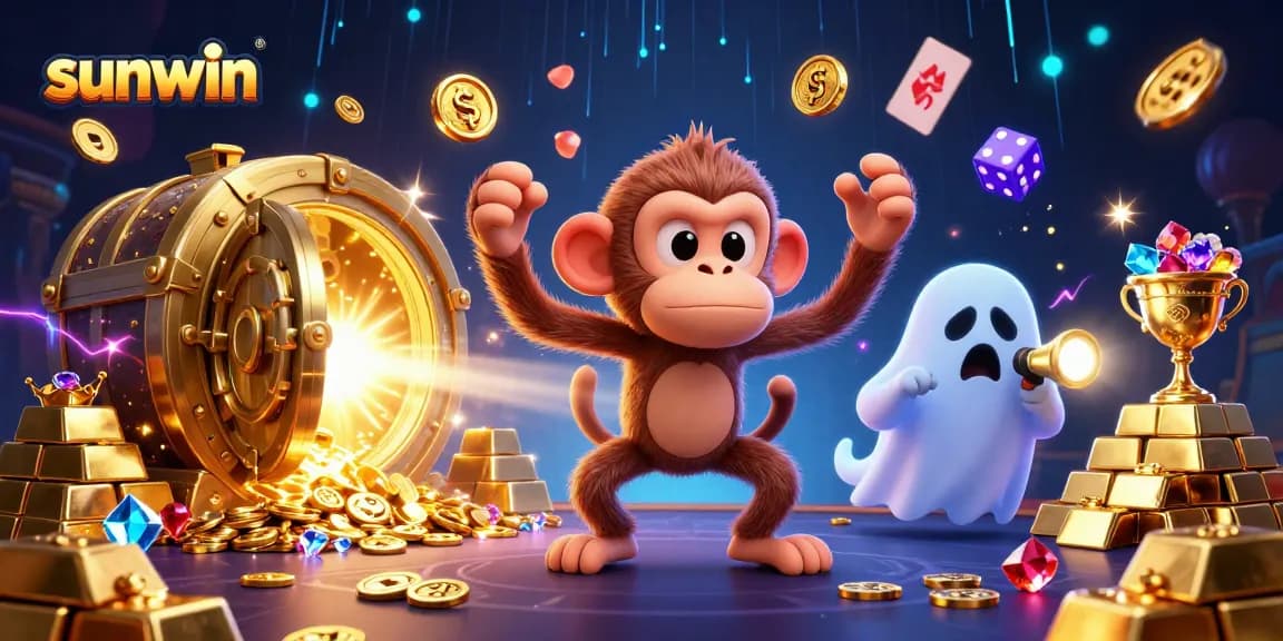 Engaging illustration of sunwin's ghost-hunter puppy tracking a mischievous poltergeist monkey in a treasure-filled casino.