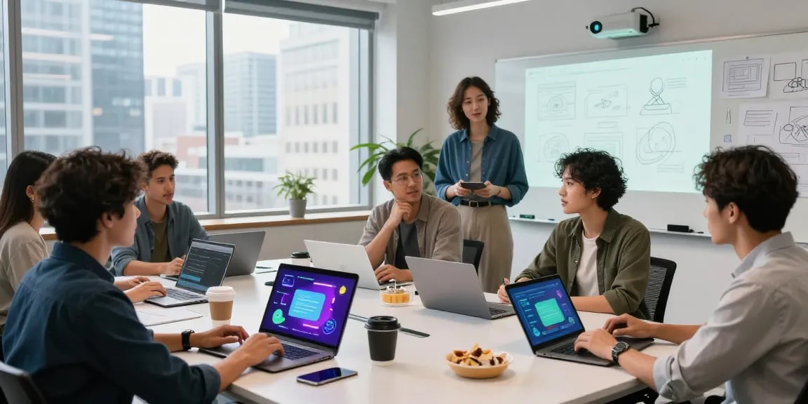 Group collaborating on nsfw ai chat technologies in a modern workspace with laptops and digital graphics.
