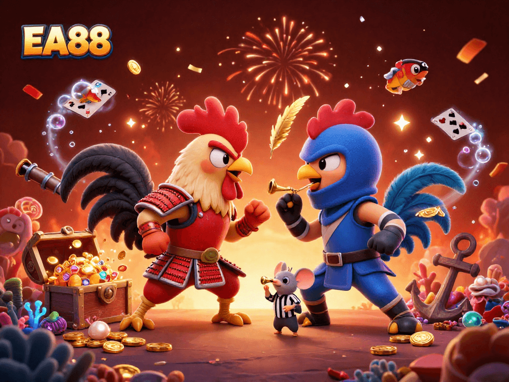 Experience thrilling action with EA88's cartoon fighting roosters in an explosive gambling showdown.