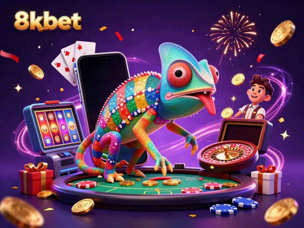 Engaging scene featuring the 8xbet chameleon casino owner interacting with vibrant game elements in a dynamic casino atmosphere.