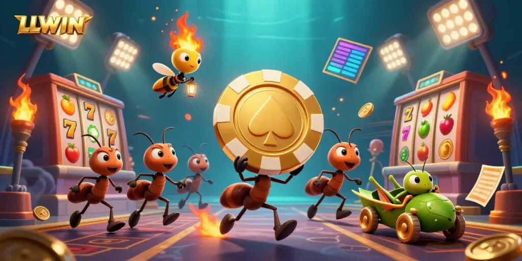 Experience the excitement of LLWIN with a cartoon heist filled with slots, golden chips, and animated casino energy.