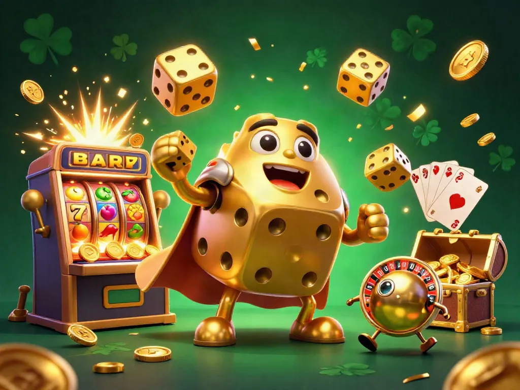 Experience slot gacor excitement with golden dice golem, dynamic slot machine, and vibrant casino elements.
