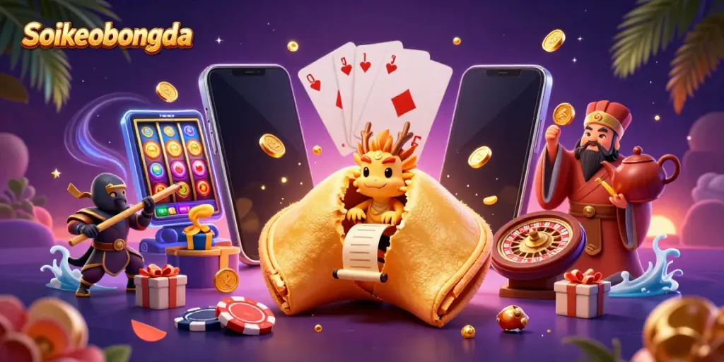Engage in Soikeobongda sports betting with vibrant casino elements and playful characters.