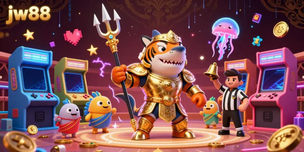 Engage with jw88's vibrant gaming scene featuring a tiger shark in gladiator armor and colorful arcade elements.