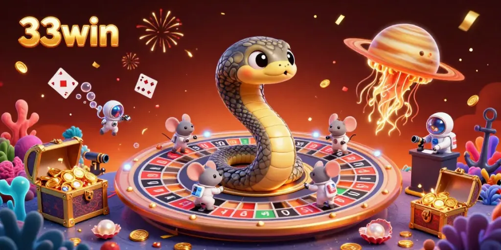 Experience the excitement of 33win with a cosmic casino scene featuring roulette and astronaut mice.