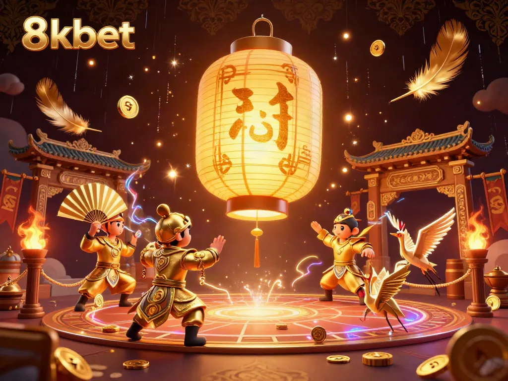 Engage in thrilling casino action with 8kbet's vibrant scene featuring golden lanterns and animated warriors.