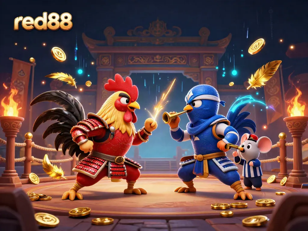 red88 features twin roosters in dramatic combat, showcasing an exciting gambling atmosphere