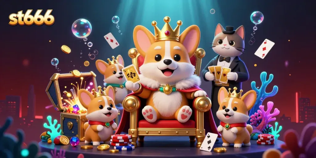 Engage in thrilling wins at st666 with a corgi and cat butler surrounded by riches and gold.