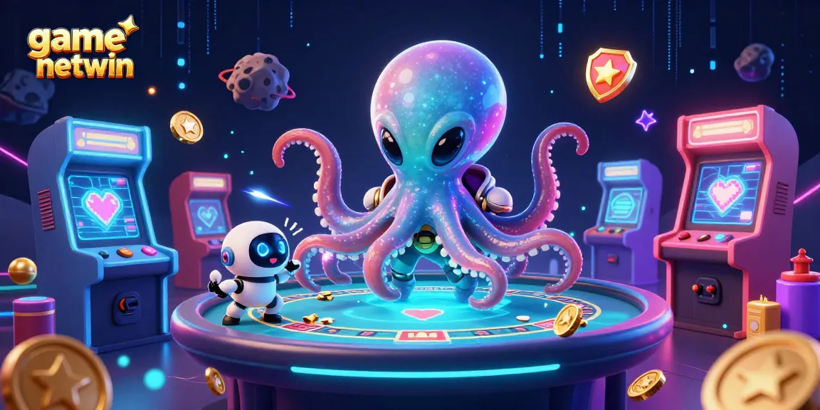 Experience game netwin with a vibrant alien octopus at a holographic poker table in a cosmic casino.