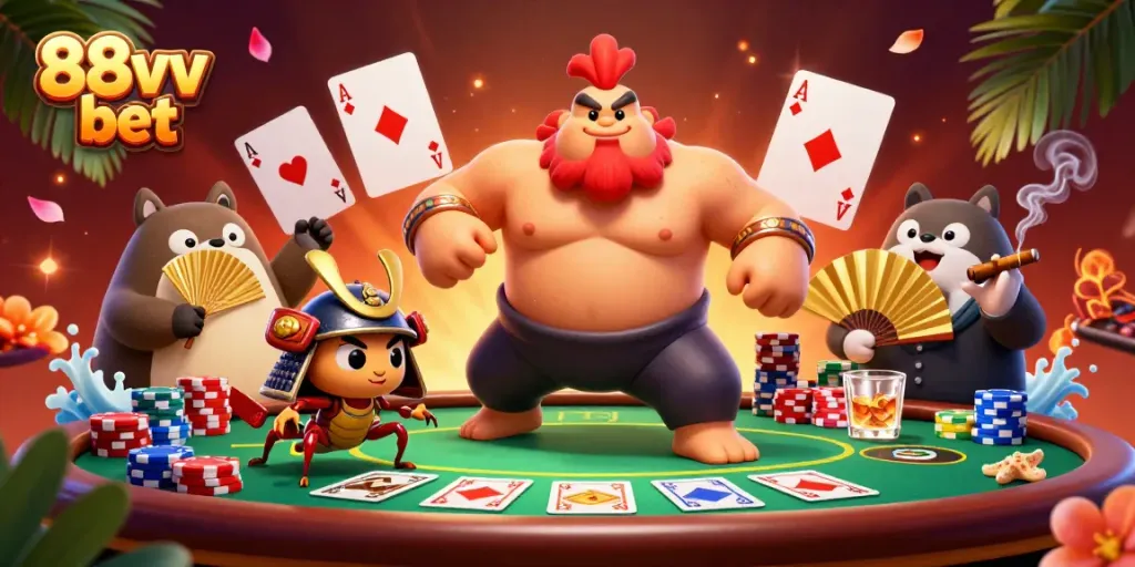 Experience the thrill of 88vv bet with a dynamic scene showcasing colorful poker elements and lively characters.