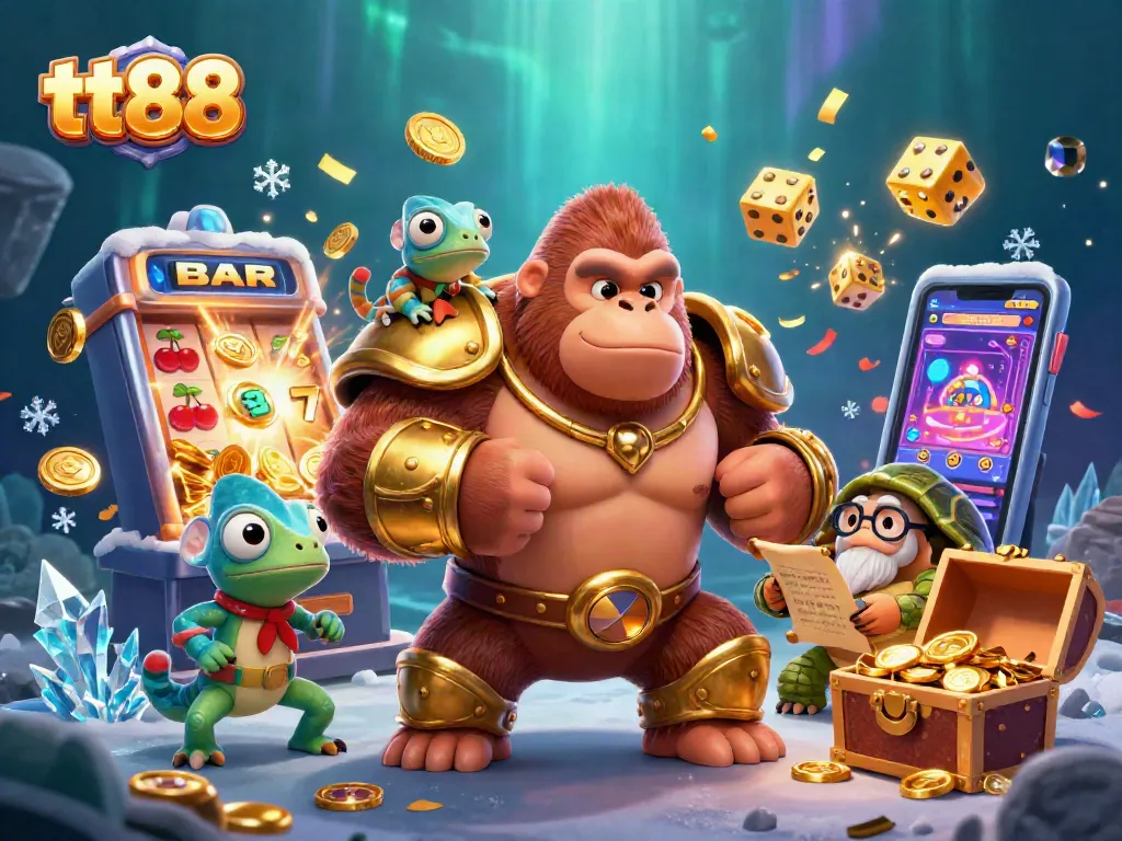 Experience the excitement of tt88 with a dynamic 3D illustration showcasing casino fun and wins.