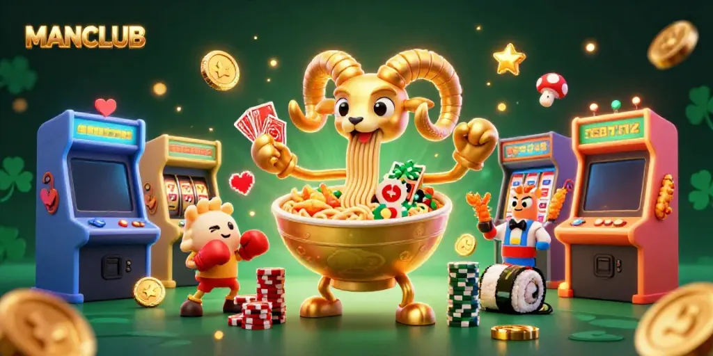 Experience betting excitement with MANCLUB in a vibrant 3D casino scene filled with characters.