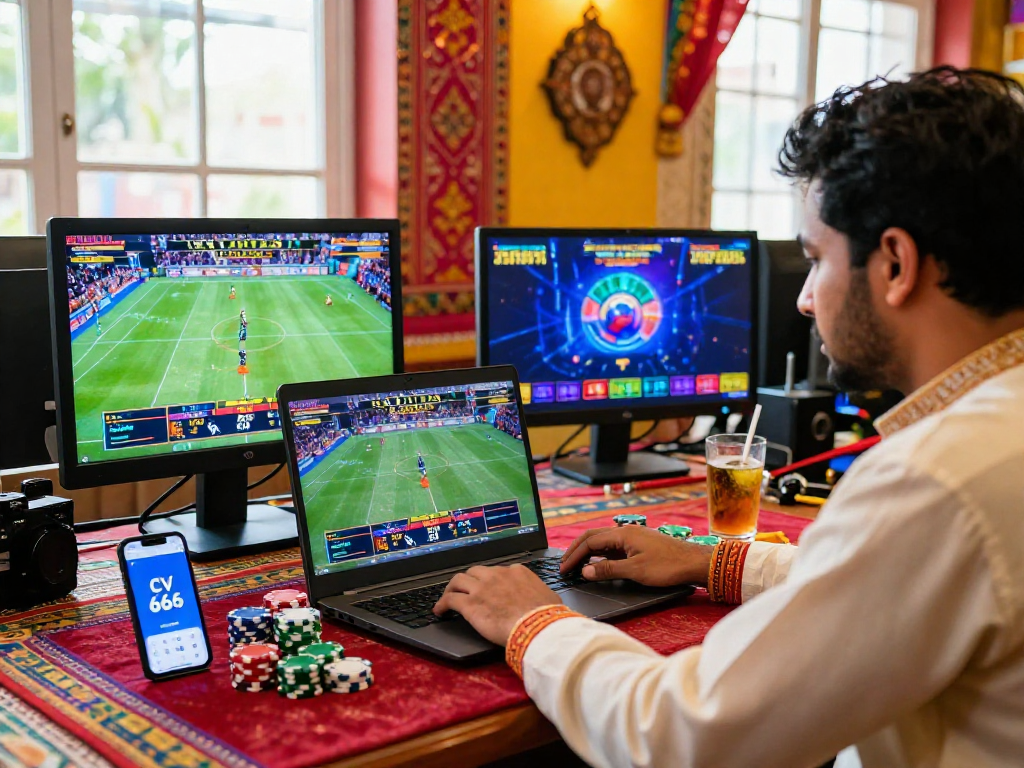 Engaged player using CV 666 app in vibrant online casino scene in Bangladesh, surrounded by screens displaying live games and sports.