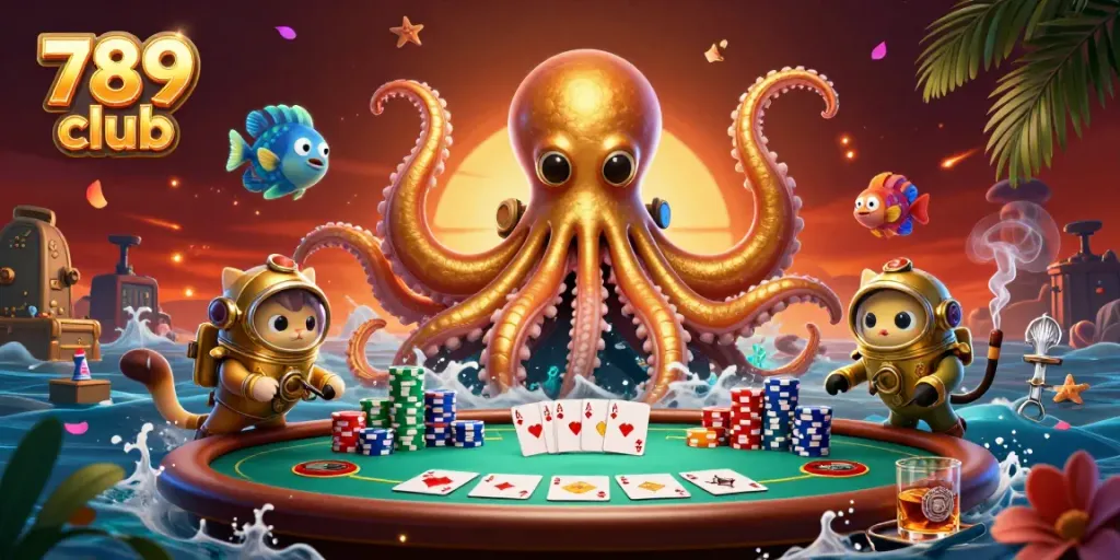 Experience thrilling gameplay with 789 club as the kraken and diving cat navigate a vibrant poker landscape.