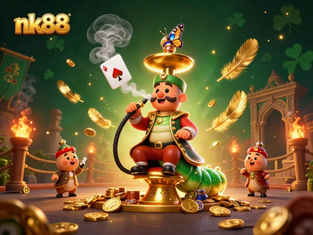 nk88 captures a vibrant scene with a caterpillar hookah-master in a Turkish outfit amidst a casino atmosphere.
