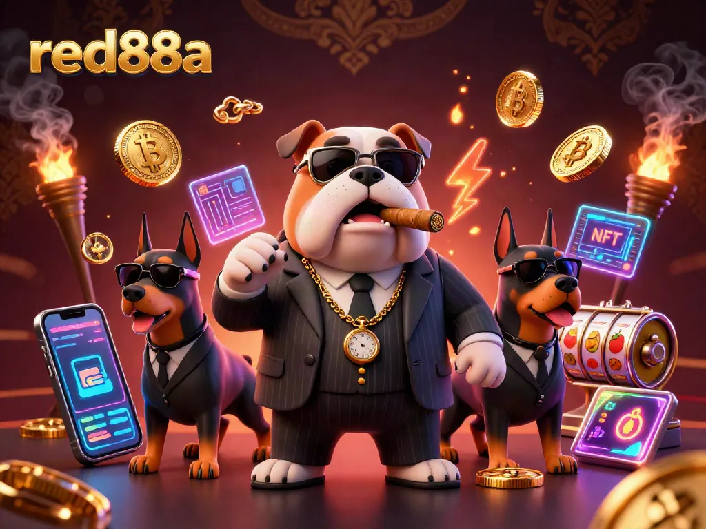 Engaging red88a casino scene featuring a mafia boss bulldog and bodyguard Dobermans surrounded by slot reels and cryptocurrency elements.