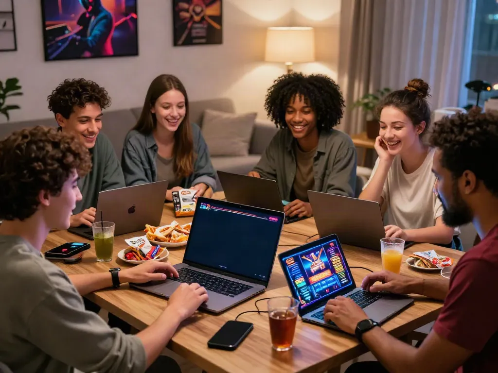 Friends enjoying online gaming while exploring non gamstop sites in a cozy setting