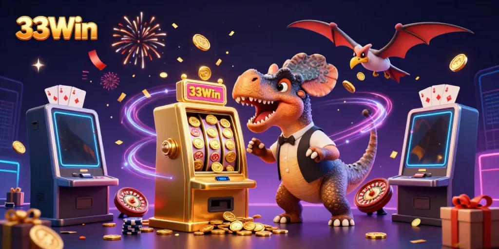 33Win features a pachycephalosaurus winning jackpots at a casino, amidst golden coins and festive confetti.