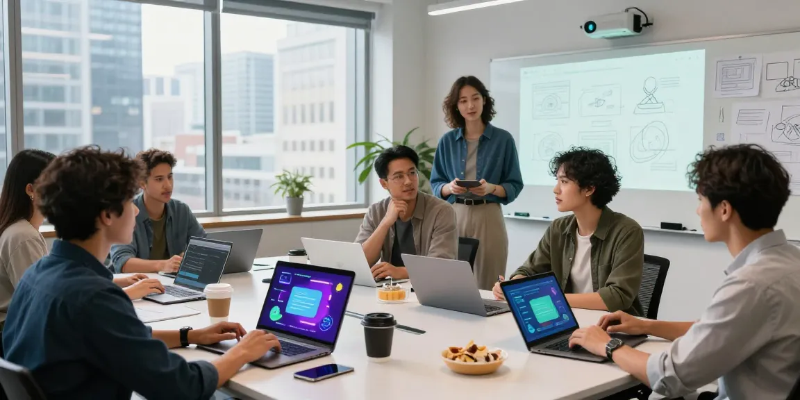Group collaborating on nsfw ai chat technologies in a modern workspace with laptops and digital graphics.