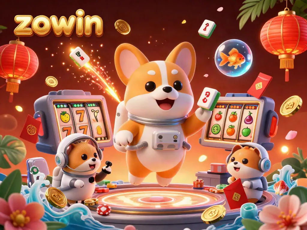 Play at the space casino with Zowin as a corgi astronaut among drifting poker chips and vibrant symbols.