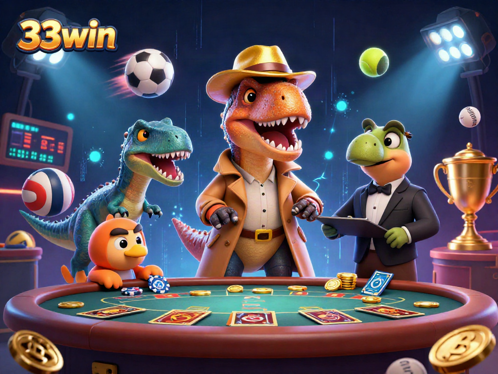 Experience the excitement at 33win with a cartoon velociraptor card counter and dynamic casino elements.