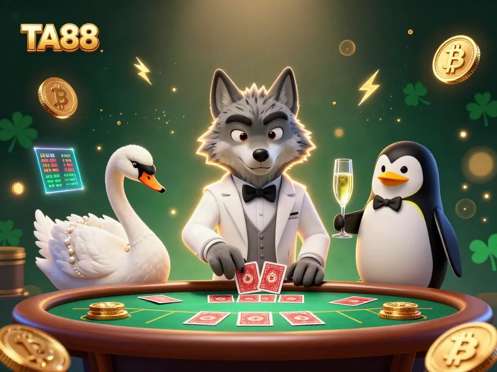 Experience the thrill of TA88 with a vibrant 3D casino scene featuring wolf, swan, and penguin characters.
