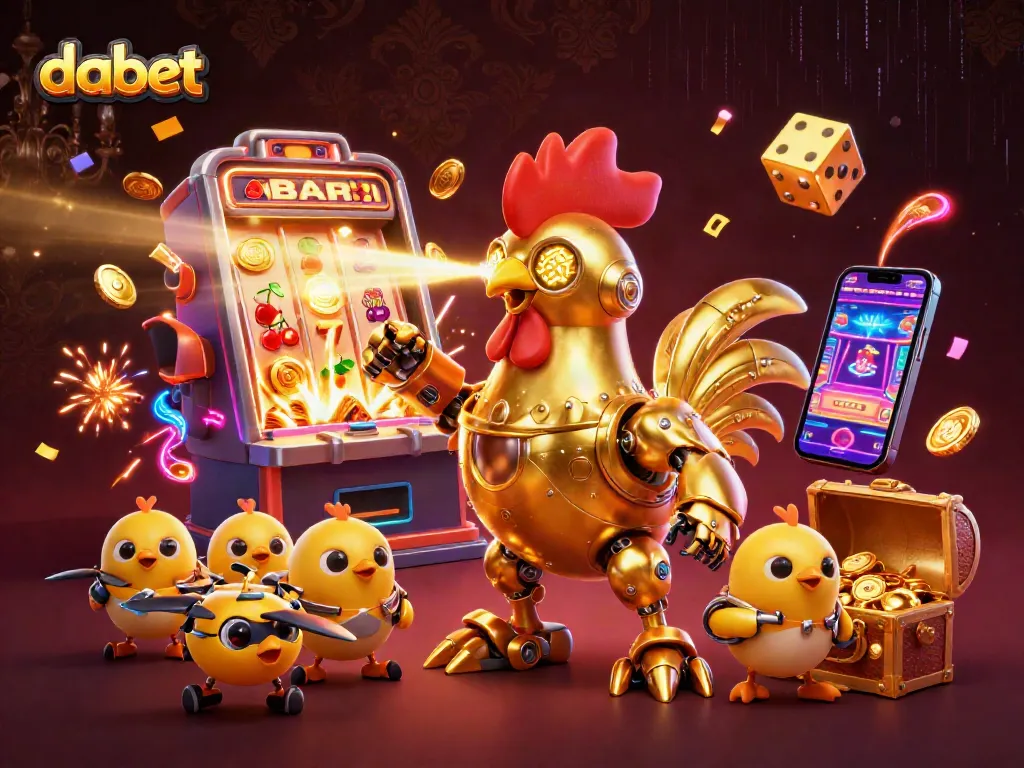 Dabet offers overwhelming thrills with golden rooster robot and slot machines in an energetic illustration.