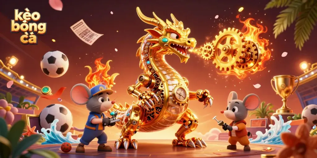 Experience thrilling kèo bóng đá action with a golden dragon and gaming elements in this vibrant illustration.