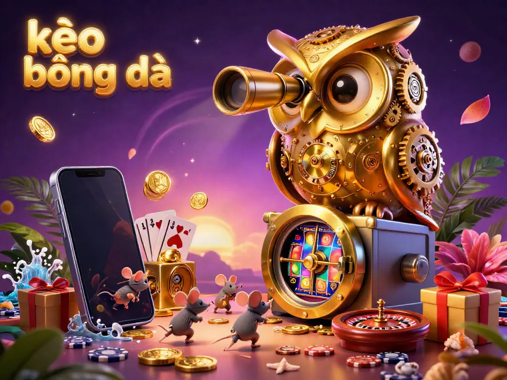 Experience thrilling kèo bóng đá moments with a golden owl overseeing a vibrant casino scene filled with excitement and dynamic game elements.