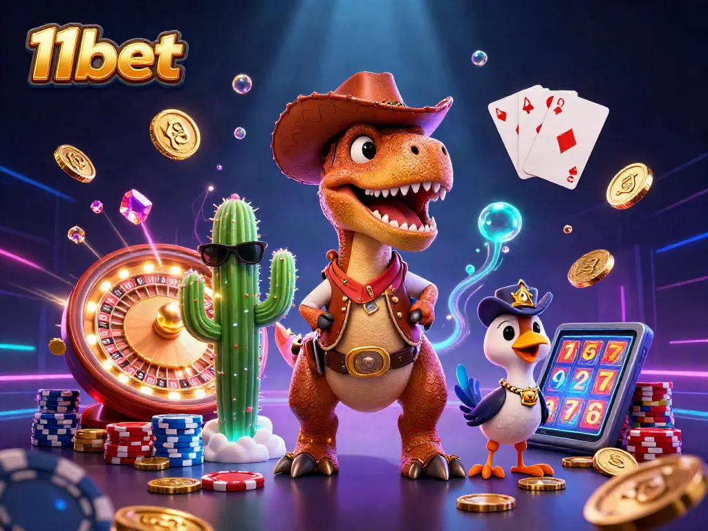 Experience thrilling gameplay with 11bet featuring a cowboy dinosaur in a vibrant casino scene.