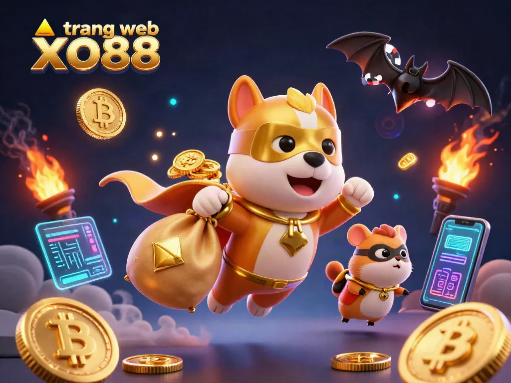 Experience thrilling action on the trang web xo88 with a superhero dog and hamster in a vibrant casino scene.