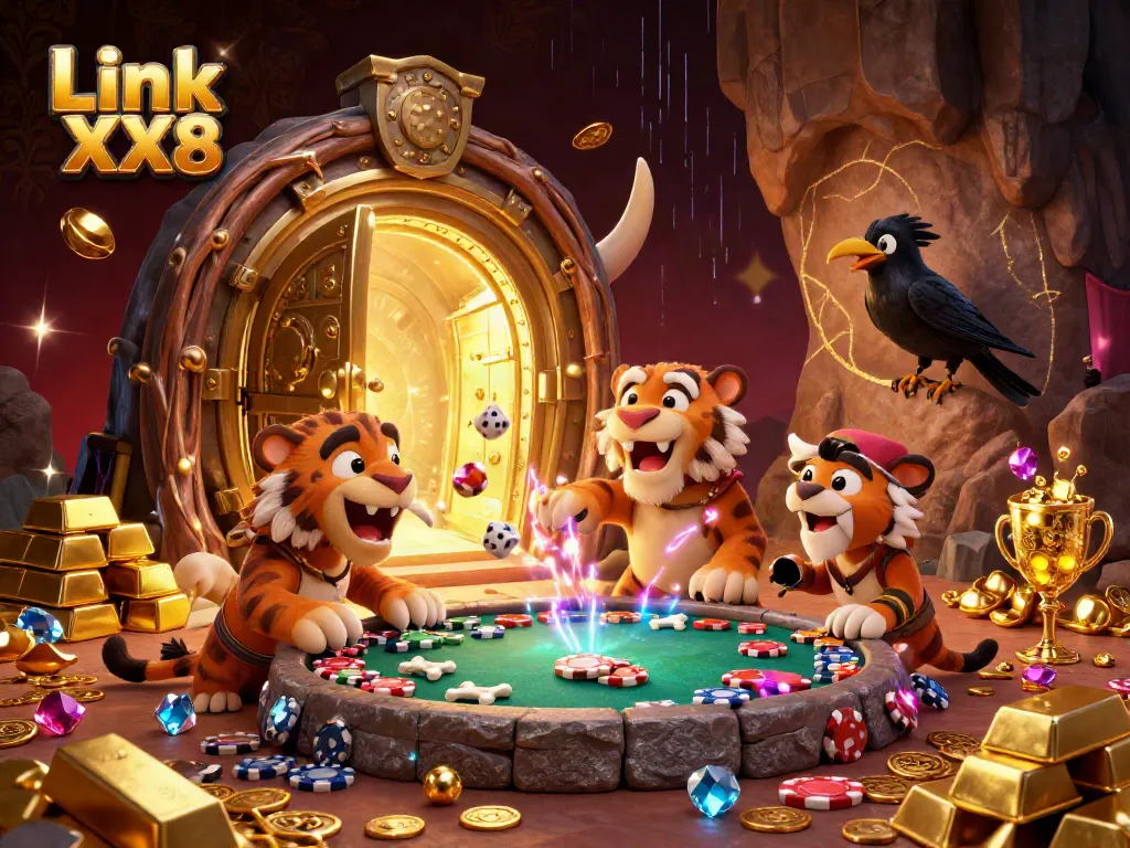 Engage with Link XX8 at a vibrant prehistoric casino with dazzling treasures and lively characters.