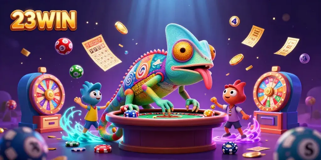 Engage with thrilling 23WIN casino experiences, featuring colorful lottery elements and a vibrant chameleon.