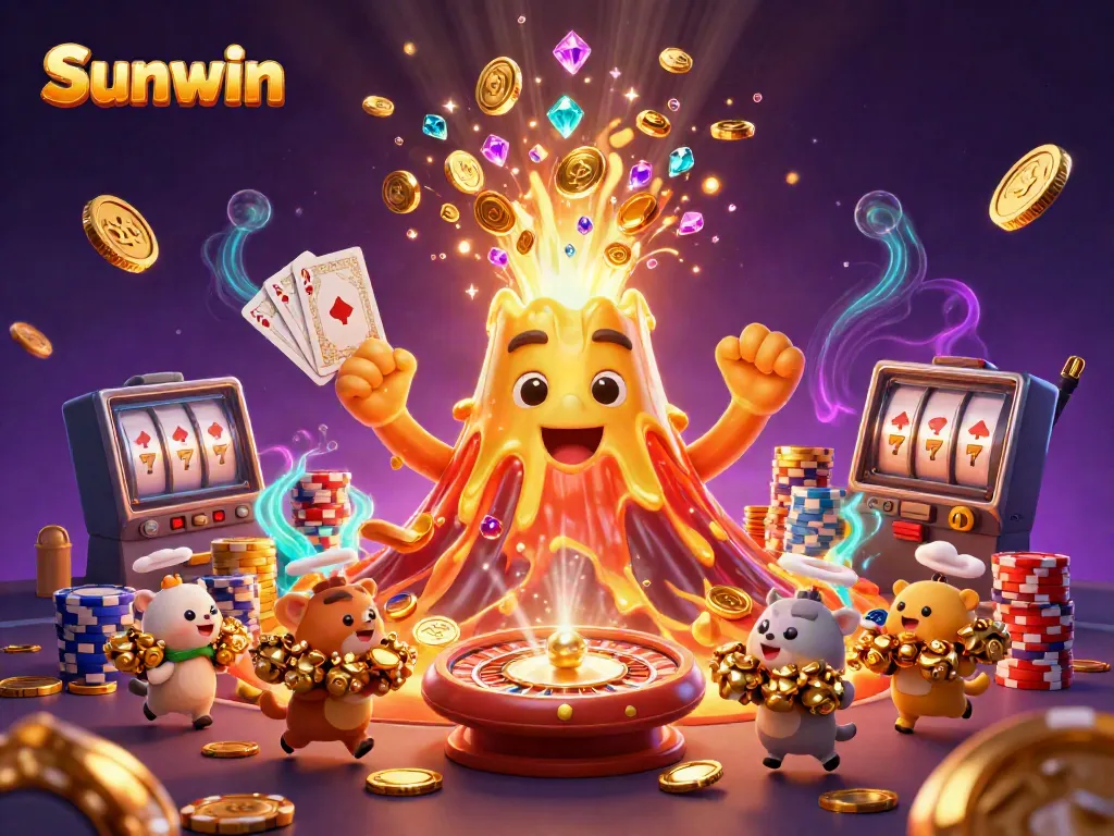 Sunwin’s animated celebration scene with golden rewards and cheerful gaming characters.