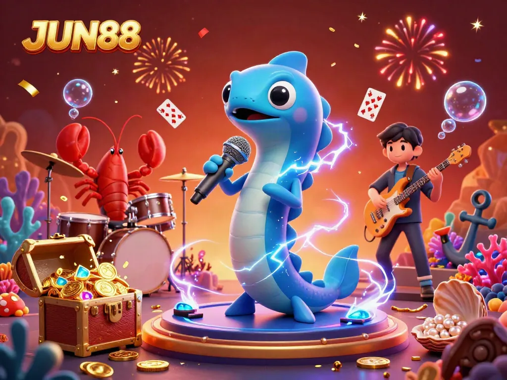 Immerse in JUN88's underwater casino world with DJ eel, colorful gems, and lively characters.